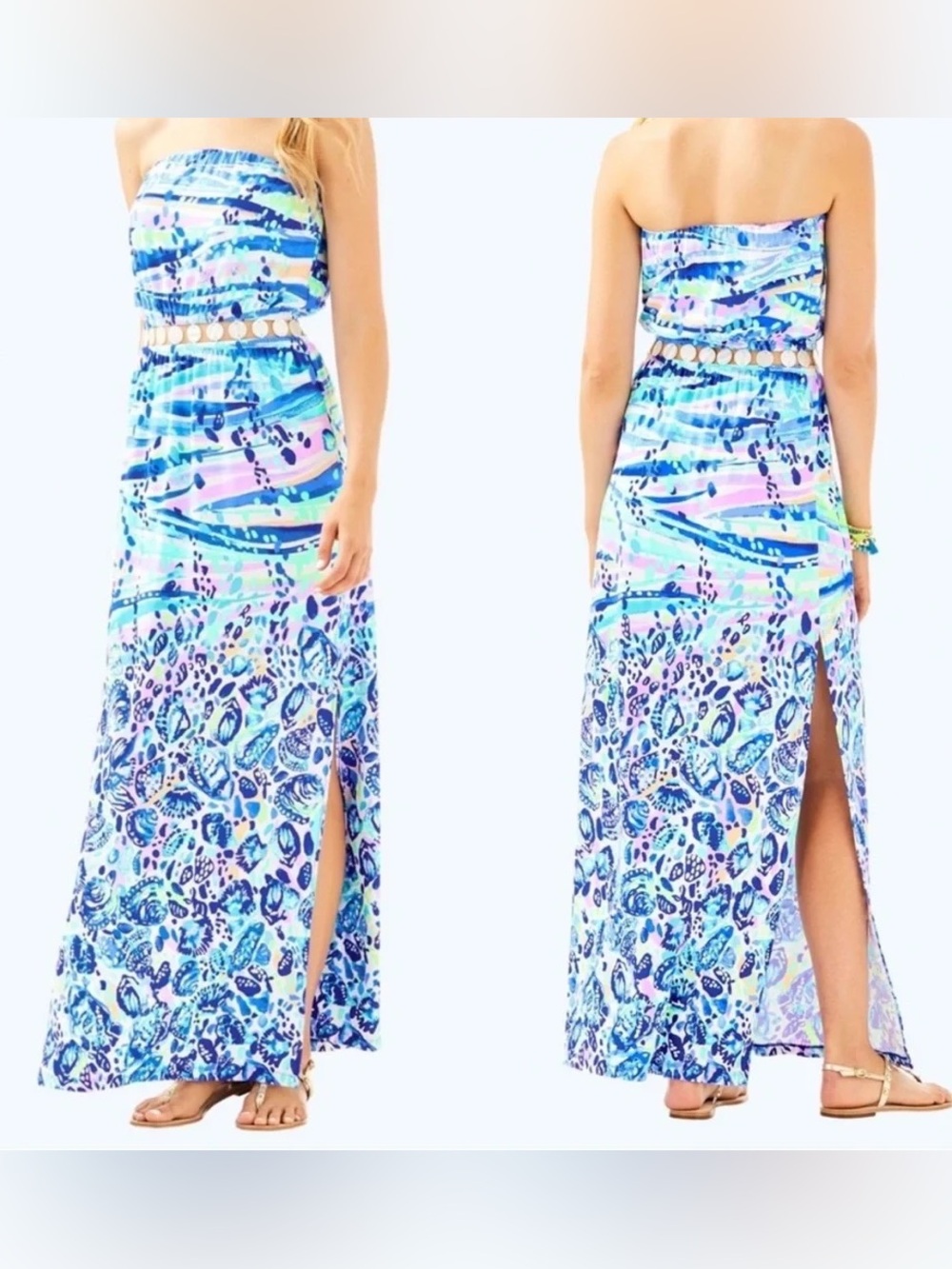 Lilly Pulitzer Mika Strapless Maxi Dress Blue Current Shell size Medium EUC